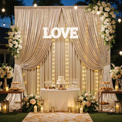 10ftx10ft Champagne Sequin Backdrop Curtain with Lights-2 Panels 5×10ft Wrinkle Free Thick Shimmer Glitter Backdrop Drapes...