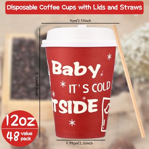 Suttmin 48 Pcs 12 oz Hot Cocoa Bar Disposable Coffee Cups Christmas It's Cold Outside Tea Paper Cup with Lid and Straw for...