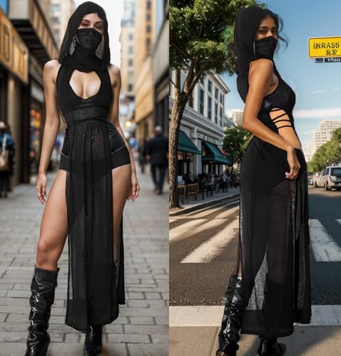 Aucute Women Goth Sheer Dress, Mock Neck Sleeveless Rave High Slit Dress with Hooded, EDM Music Festival Outfits