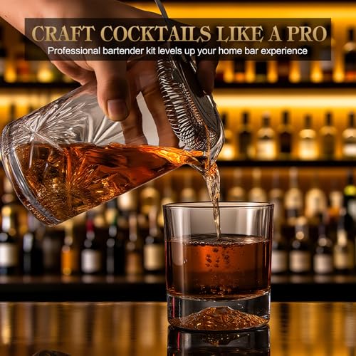 Cocktail Mixing Glass, veecom 6 Piece Crystal Bar Mixing Glass Bartender Set with Bamboo Stand, 18oz Old Fashioned Kit Coc...