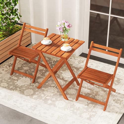 Tangkula 3 Pieces Solid Wood Patio Bistro Set with 2 Folding Chairs, Outdoor Table and Chairs Set, Balcony Furniture Set, ...