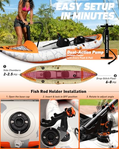 2 Person Inflatable Kayak Tandem Fishing Kayak for Adults, Portable Touring Kayak Canoe with Dual Floats, Drop-Stitch Floo...