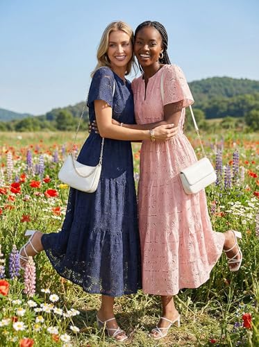 MEROKEETY Women's Spring Summer Floral Maxi Dress 2026 Boho Eyelet Hollow Out Lace Short Sleeve A Line Tiered Flowy Dresses