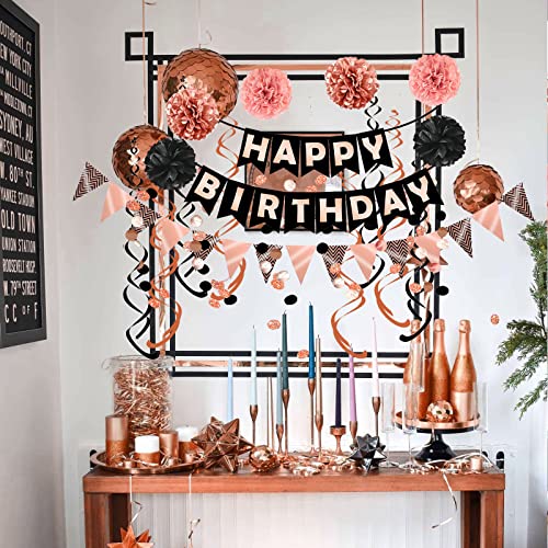 FECEDY Rose Gold Black Theme Happy Birthday Banner Flag Bunting Paper Circle Confetti Garland Swirl Streamers Honeycomb Ba...