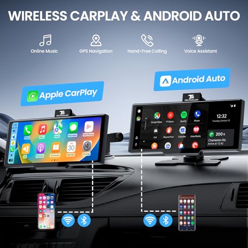 TECXERLLON 10.26'' Wireless Carplay Screen for Car with 4K Dash Cam & 1080P Backup Camera, Portable Car Audio Receivers wi...