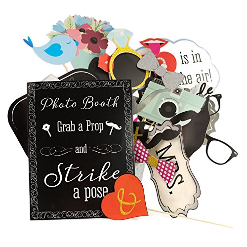 Wedding Photo Booth Props with 8 x 10-Inch Sign, 45 Adhesive Pads, 35 Wooden Sticks - Signs for Wedding Backdrop and Selfi...