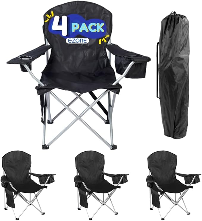 EZONE 4-Pack Camping Chairs with Built-in Ice Cooler, Portable Chair, Storage Pocket, Cup Holder, and Carry Bag Perfect for Camping, Tailgating, Fishing, Beach, and Lawn (4, Black)