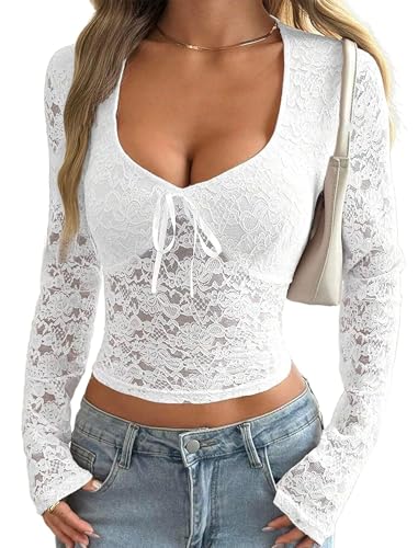 Matunana Womens Long Sleeve Going Out Tops Lace V Neck Mesh Crop Shirts Sexy Cute Y2K Fall Trendy Outfits 2025