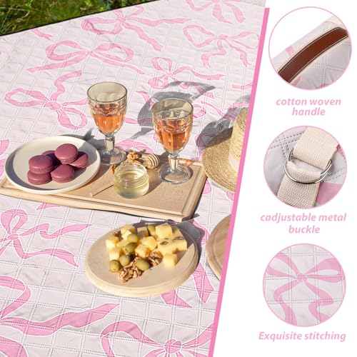 SmoothNovelty Pink Bow Picnic Blanket 80'' x 80'' Waterproof Extra Large Camping Blanket Coquette Picnic Mat Foldable Port...