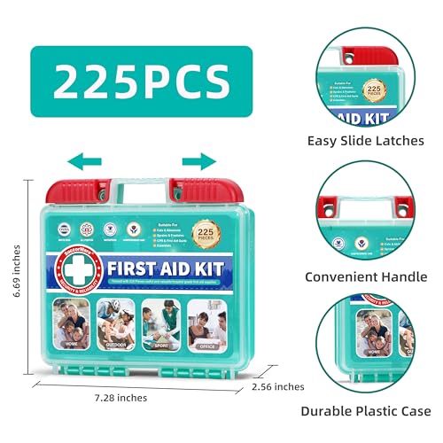 SuccorWare 225 Pieces First Aid Kit, Includes Ice Pack, Adhesive Bandages, Wound Gauze Pads, Portable First Aid Bag for Ho...