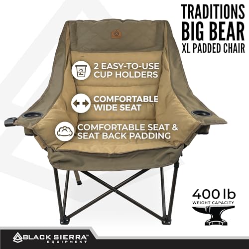 Black Sierra Deluxe Padded Camping Chair for Sports & Outdoors, Oversize XL Outdoor Folding Chair Supports 400 lbs, Heavy ...