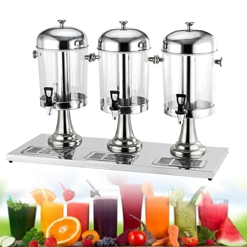 XQZMZSCP Three Head Juice Dispenser, 24L Stainless Steel Commercial Clear Glass Drinks Dispenser Container with Ice Contai...