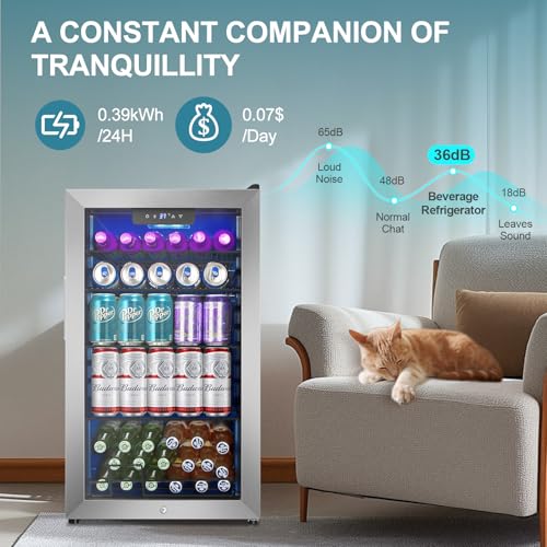 128 Cans Beverage Refrigerator Cooler, 3.2 Cu.Ft Mini Drink Fridge Glass Door for Drink Beer Soda Wine, Beer Fridge with 4...