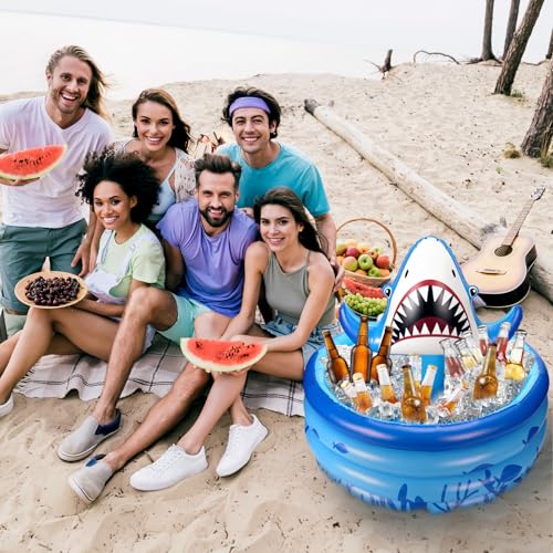 Bencailor Shark Party Decorations Summer Birthday Inflatable Cooler Blow Up Drink Cooler Reusable Floating Ice Chest Summe...