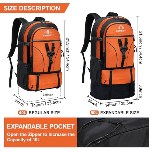 SEMSTY 40L/50L Expandable Hiking Backpack for Men and Women, Travel Camping Backpack Flight Approved