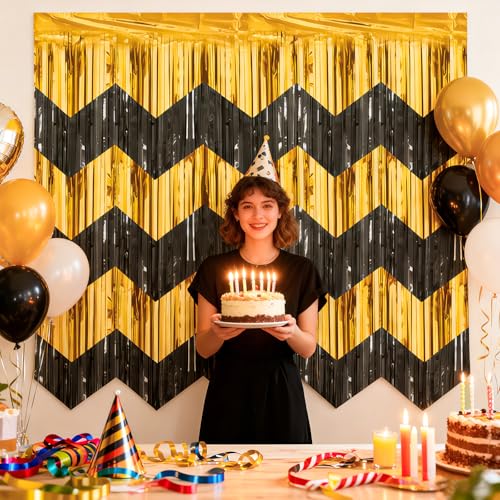 LERCTH Black Gold Chevron Fringe Curtain Backdrop (Pack of 6) | 78.74in x 19.69in Wave Fringe Curtains for Party Decoratio...