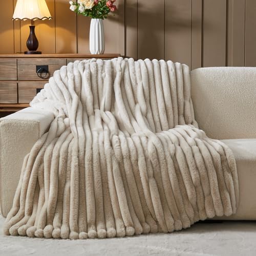NEWCOSPLAY Faux Fur Throw Blanket Linen 3D Ribbed Plush Thick Warm Blanket for Couch Sofa Bed 850GSM (Linen Ribbed, Throw(...