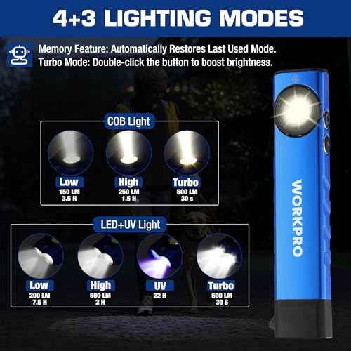 WORKPRO Rechargeable Work Light, 600 Lumens Flat Pocket Flashlight with UV Light, Magnetic Base & Clip, Slim LED EDC Flashlight for Garage, Camping, Home, and Emergencies