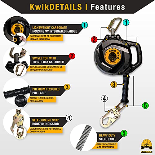 KwikSafety - Charlotte, NC - Mamba 20’ Self Retracting Lifeline [Carbonate + Integrated Handle] Class 1 Cable SRL ANSI OSH...