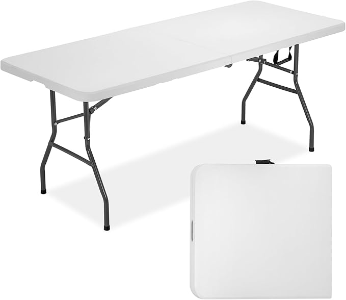 FDW 6 Foot Outdoor Dining Table, Foldable Portable Rectangular Plastic Folding Table with Built in Carrying Handle for Par...