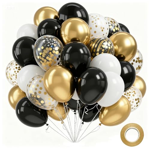 Black and Gold Balloons, 60PCS 12 Inch Confetti Gold and Black Balloons for Birthday, Wedding, Graduation, Baby Shower, En...