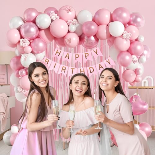Pink Birthday Decorations with Pearl White Light Pearl Metallic Pink Foil Balloons Fringe Curtain Banner for Happy Birthda...