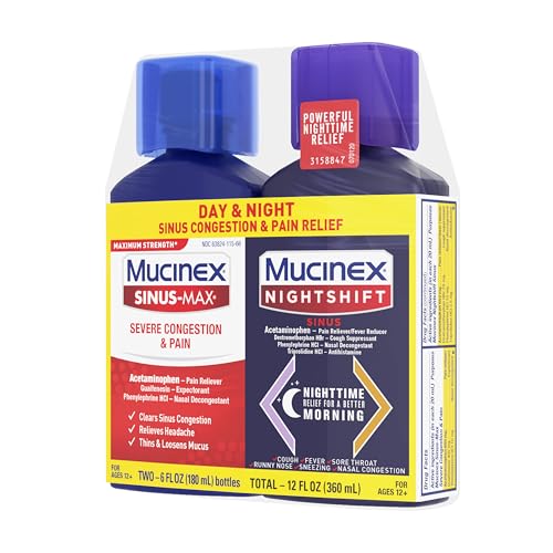 Mucinex Maximum Strength Sinus-Max Severe Congestion & Pain + Nightshift Sinus Liquid, Cold and Flu Medicine for Adults, Over-The-Counter Medication for Multi-Symptom Relief, 2x6 Fl Oz