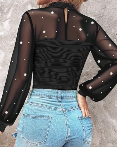 Ninimour Women‘s Pearls Decor Long Sleeve Blouse Mesh Spliced Textured Shirt Going Out Top