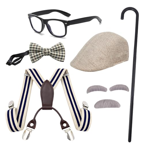 Tangrove Old Man Costume for 100 Days of School - 6PCS Set Include Beret Hat, Beard & Eyebrows,Suspenders, Bow Tie, Glasses