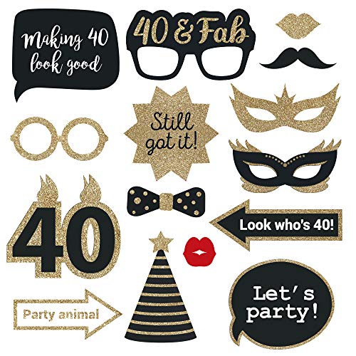 Fully Assembled 40th Birthday Photo Booth Props - Set of 30 - Black & Gold Selfie Signs - 40th Party Supplies & Decoration...