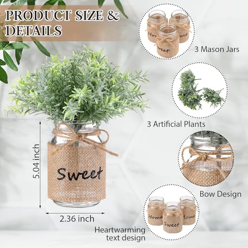 Suncalla 3 Pcs Spring Mason Jar Table Centerpiece Decor Small Fake Plants Farmhouse Rustic Burlap Vases Artificial Eucalyp...