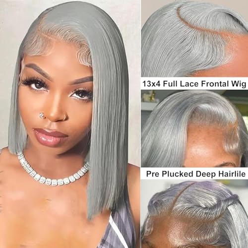 14 Inch Grey Bob Wig Human Hair Pre Plucked Long Straight 13x4 Hd Transparent Lace Frontal Bob Wigs for Black Women 180% Density Silver Grey Glueless Blunt Cut Bob Wig with Baby Hair 180% Density