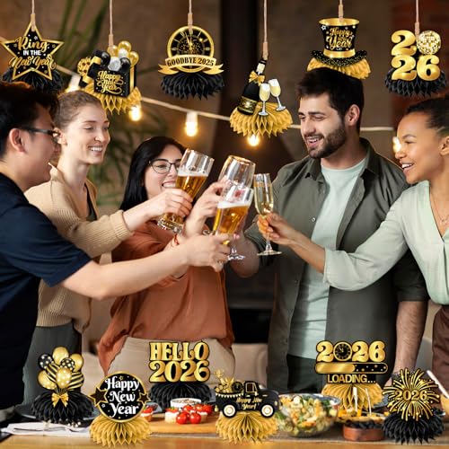 New Year Table Decorations 2026,12pcs Happy New Year Honeycomb Centerpiece Black and Gold New Years Eve Table Centerpiece,...