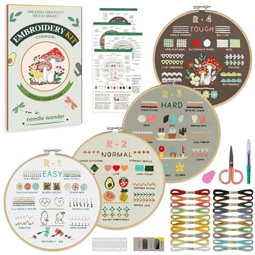 CYANFOUR Embroidery Kit for Beginners, 4 Stages to Learn 38 Stitches, with Step-by-Step Instructions and Clear Videos, Inc...