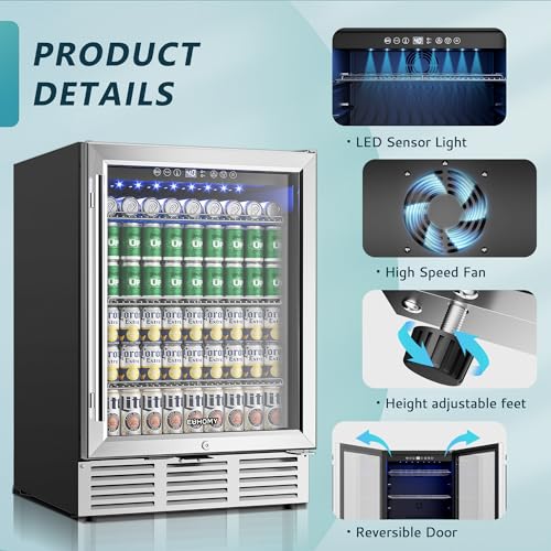 EUHOMY 24 Inch Beverage Refrigerator, 180 Can Built-in Beverage Cooler, Under Counter Beer Fridge with Glass Door for Sod...