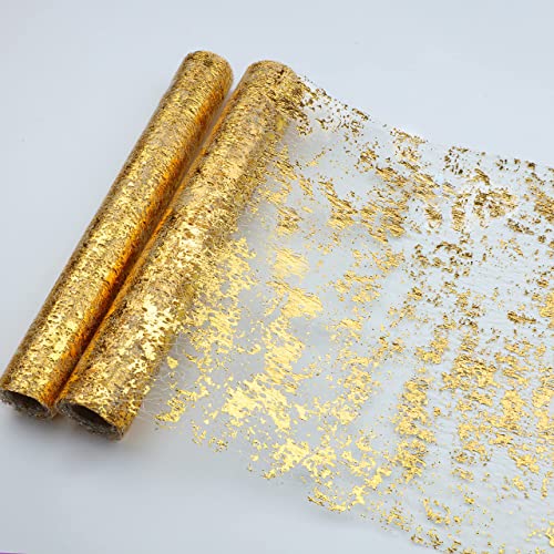 Snowkingdom 2 Pieces Gold Table Runner, Sequin Glitter Foil Metallic Thin Mesh Runner Roll 11"x108", Gold Table Decoration...