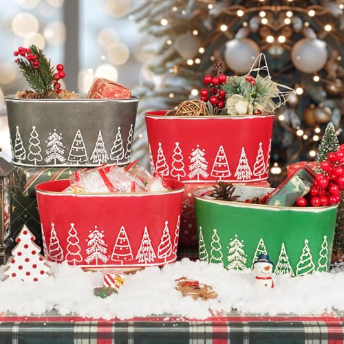 Putuo Decor 4 Packs Christmas Oval Metal Ice Buckets, Christmas Decorations Galvanized Storage Beverage Tubs Tin Bucket Pa...