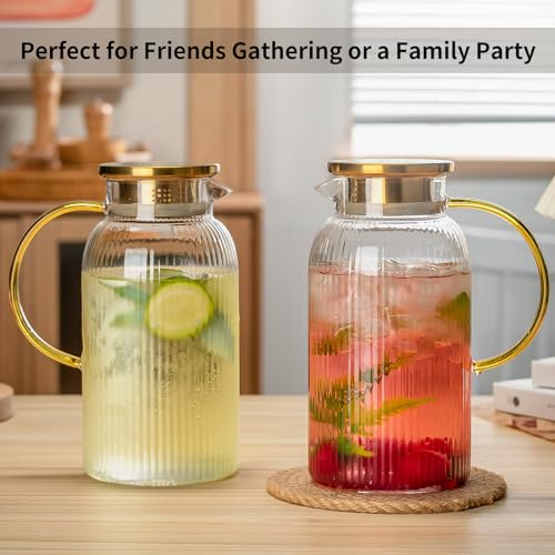 Buaic 2 PACK Glass Pitcher with Lid, 68 oz/ 2 Liter Classic Vertical Stripes Water Pitcher with Yellow Handle,Glass Water ...