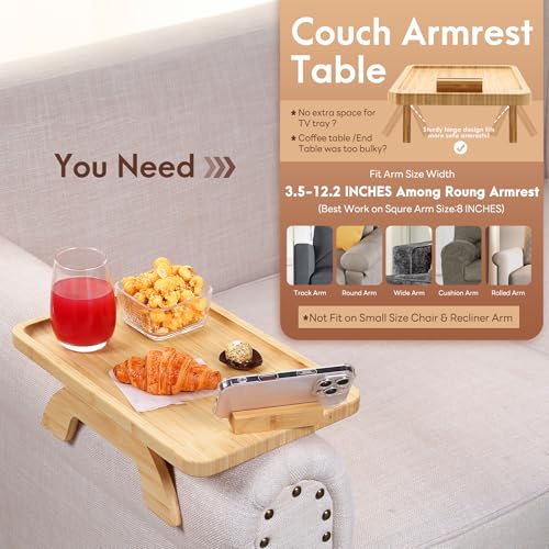 SINWANT Couch Arm Tray,Bamboo Sofa Clip on Side Table,Foldable Couch Armrest Table with 360° Phone Holder,Food Trays for E...