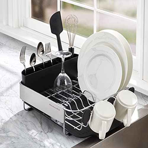 KitchenAid Compact, Space Saving Rust Resistant Dish Rack with Removable Flatware Caddy and Angled Self Draining Drainboard, 16.06-Inch, Black