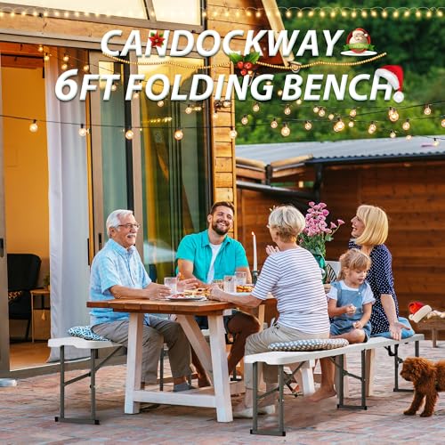 Candockway 6ft Plastic Folding Bench with Carrying Handle & Lock, Portable Outdoor Bench in Garden Picnic Camping Dining P...