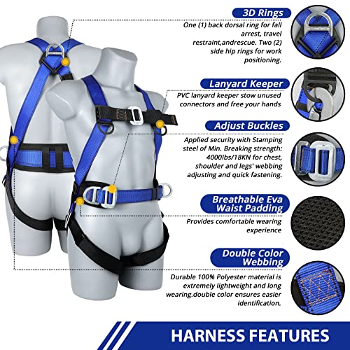 TT TRSMIMA Safety Harness Fall Protection Kit - Full Body Roofing harnesses with Shock Absorbing Lanyard Upgrade Paded
