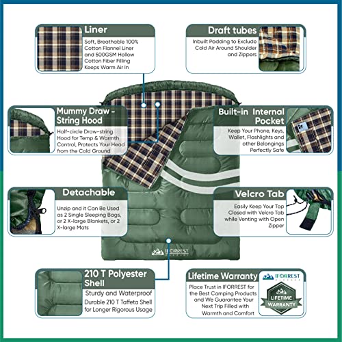 IFORREST Double Cotton Flannel Sleeping Bag for Adults – Extra-Wide 2-Person 10°F Cold Weather Camping Bed, Warm Queen XXL...
