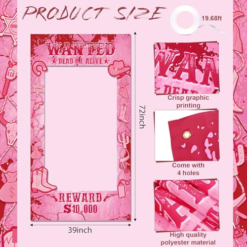 Cowgirl Party Decorations Pink Western Photo Booth Wanted Poster Photo Prop Photos Frame Banner for Wild West Birthday Dec...