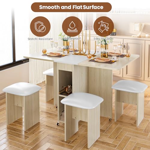 Lamerge Folding Dining Table Set for 4, Dinner Table with 4 Leather Chairs and Shelves, Space Saving Foldable Dining Table...