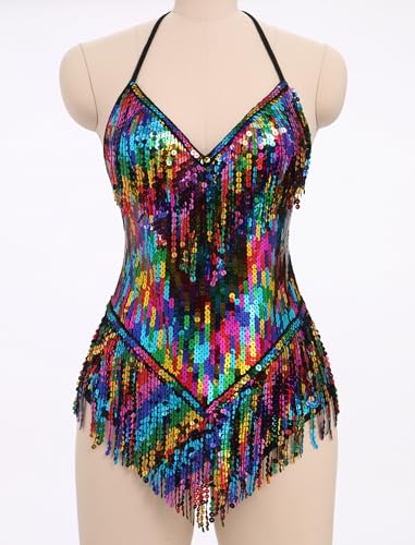 IBAKOM Sexy Sequins Fringe Bodysuit Halter Lace Up Back Jazz Latin Dance Tassel Leotard Acrobat Costume Rave Concert Outfits