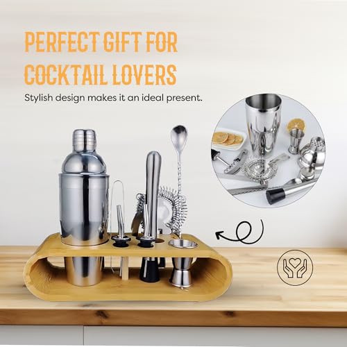 AMERICANISTA Cocktail Shaker Set Bartender Kit with 10 Bar Tools & Bamboo Stand – Martini Shaker, Jigger, Strainer, Muddle...
