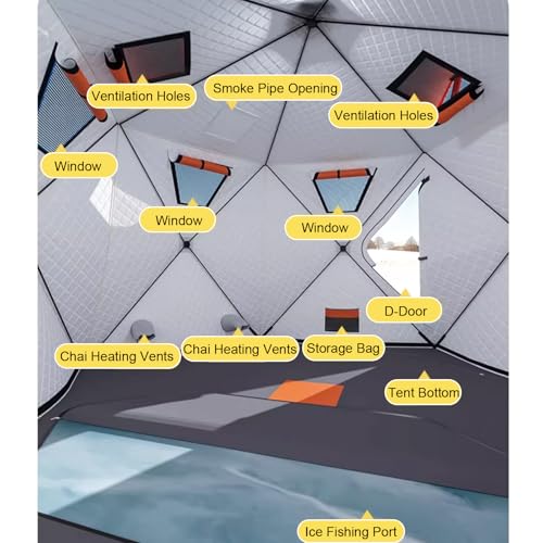 Insulated Portable Ice Fishing Shelter, 420D Hexagon Huts with Stove Jack & Floor, Winter Fishing Tent (260x260x170cm) - D...