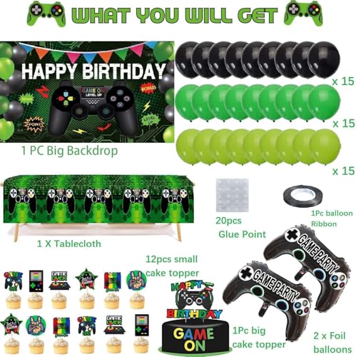64 Pieces Video Game On Theme Party Supplies Sett: Decorations with Happy Birthday Gaming Backdrop, Game Table Covers, Cak...
