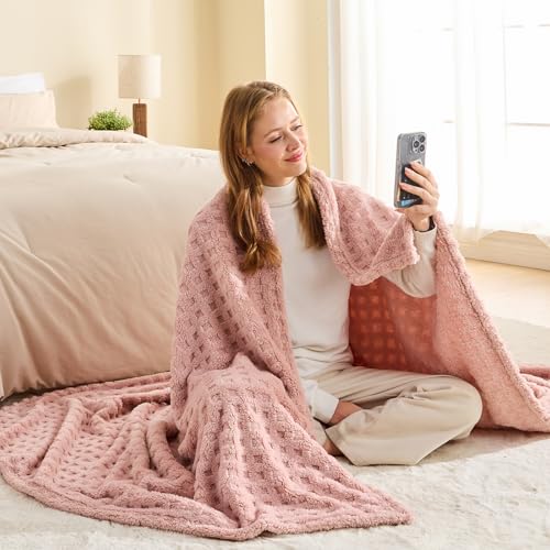 NEWCOSPLAY Super Soft Throw Blanket Pink Premium Silky Flannel Fleece 3D Waffle Checkered Lightweight Bed Blanket All Seas...